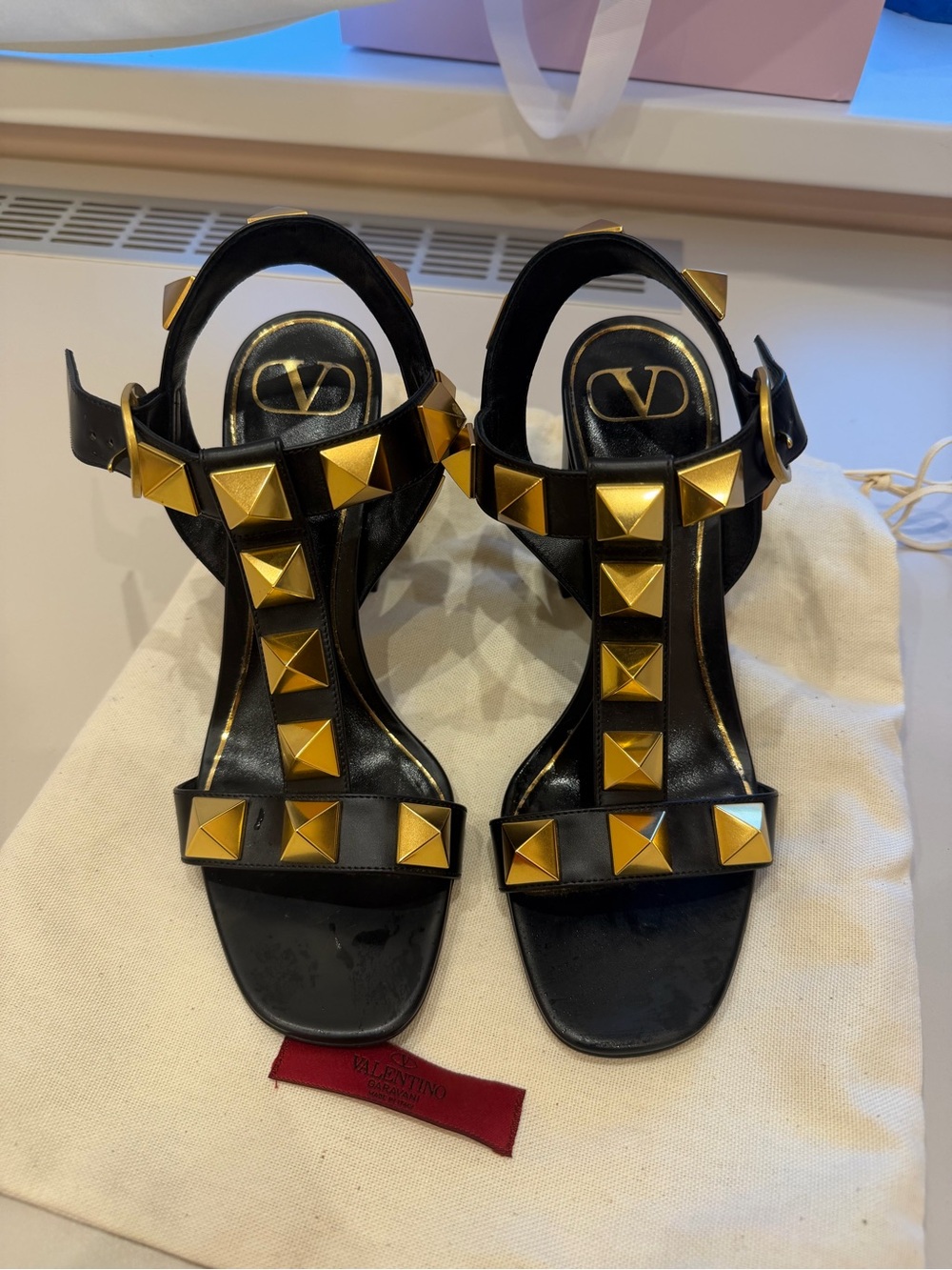 Valentino Black Leather Sandals with Gold Pyramid Studs